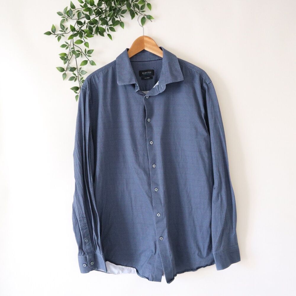 Bugatchi Men's OooHCotton Tech Blue Printed Long Sleeve Button Shirt Size XL